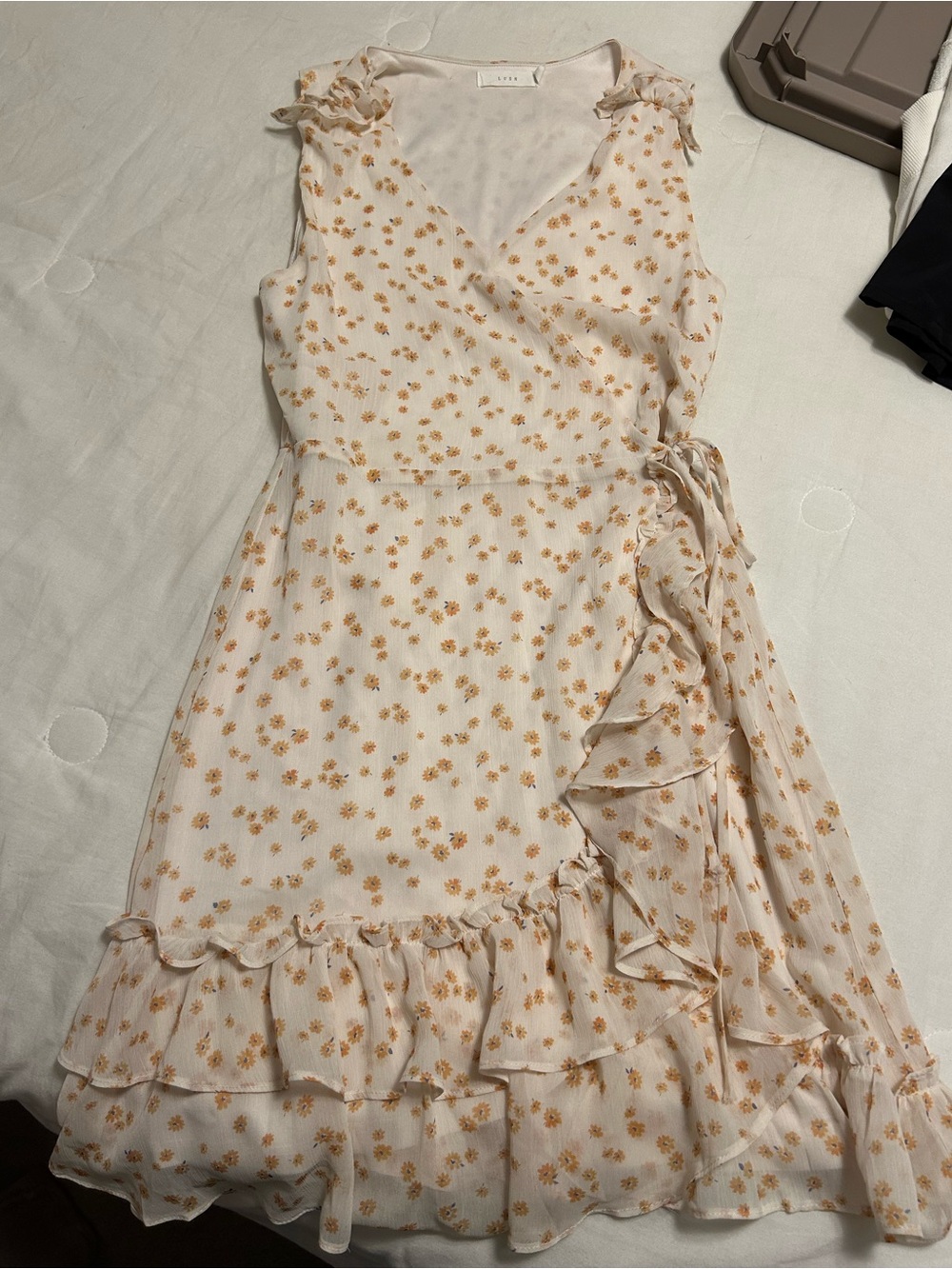 Lush Cream Midi Wrap Dress with Orange Floral Print